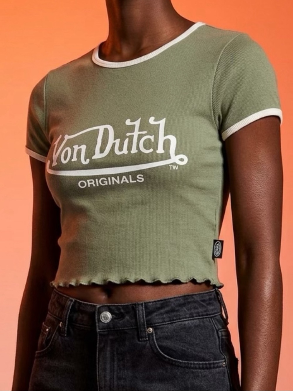Von Dutch Olive Green Ribbed Logo Crop Tee with White Trim Sz XL